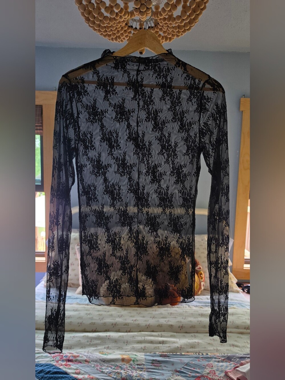 Free People Sheer Black Floral Lace Long-Sleeve Top